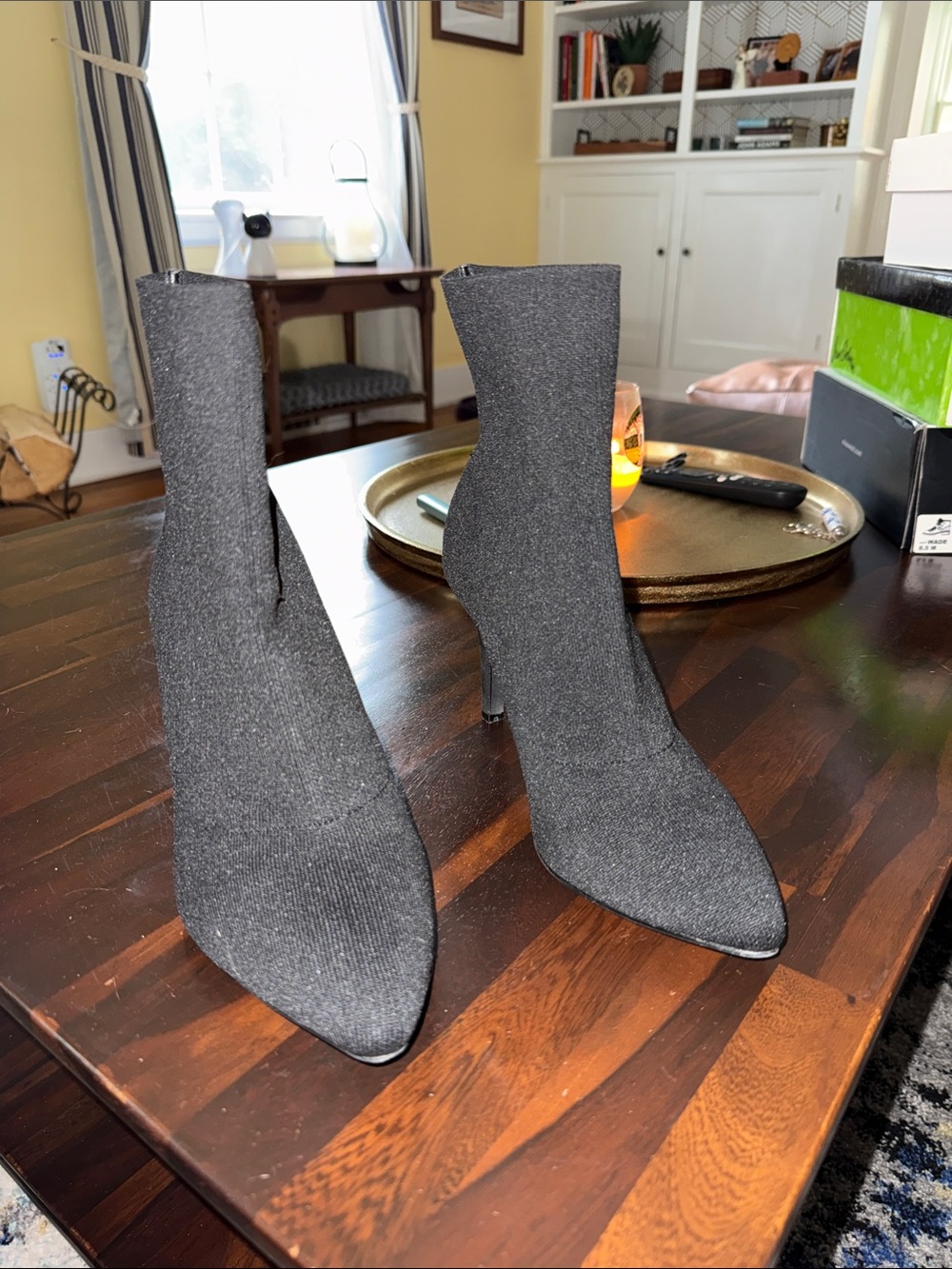 Stretch Knit Pointed Ankle Boots in Black